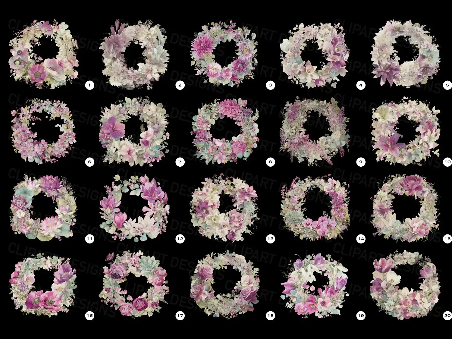 Enchant your decor with our transparent watercolor flower wreath clipart collection. 20 stunning magenta floral wreath clipart designs for your projects! For wedding creatives and diy projects.