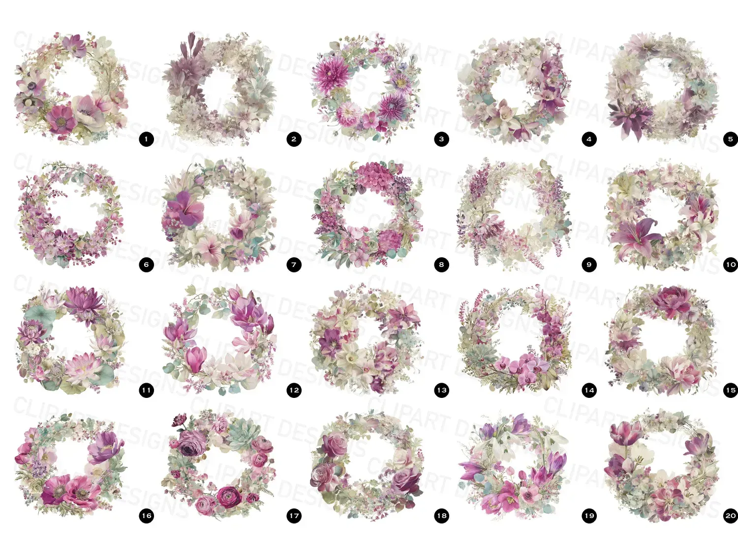 Enchant your decor with our transparent watercolor flower wreath clipart collection. 20 stunning magenta floral wreath clipart designs for your projects! For wedding creatives and diy projects.