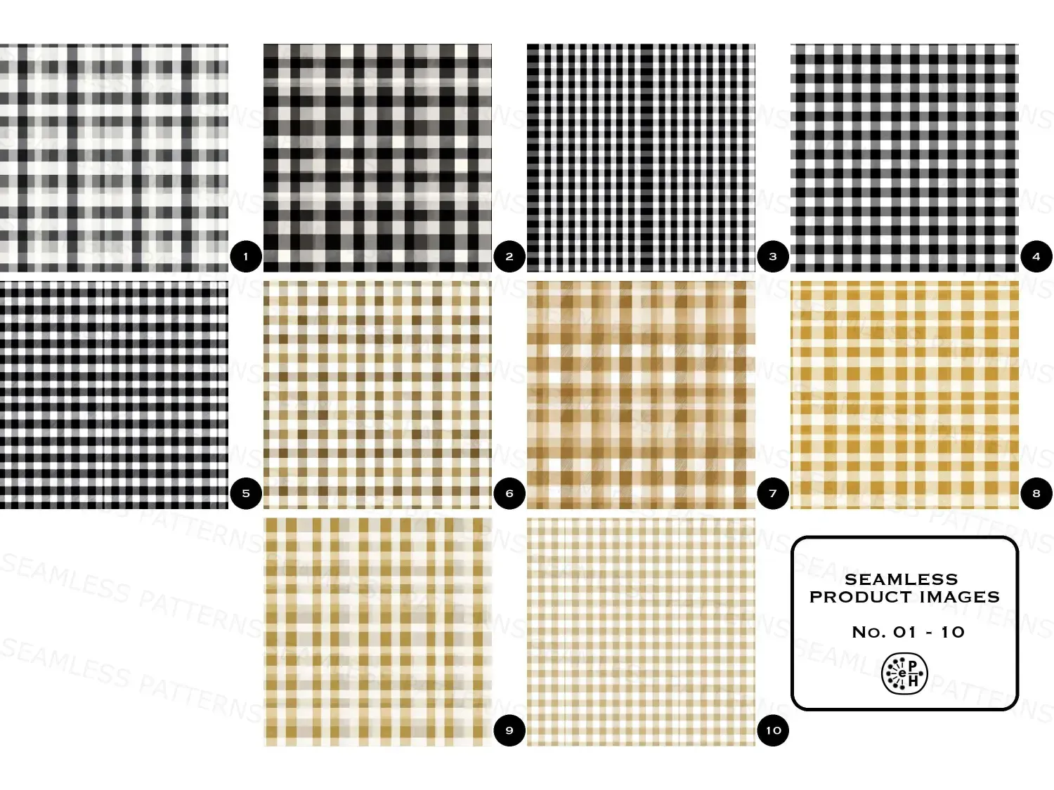 Classic gingham seamless pattern bundle with 20 designs in grey, black, gold, and burgundy add elegant charm to your sewing and digital projects. Download now!