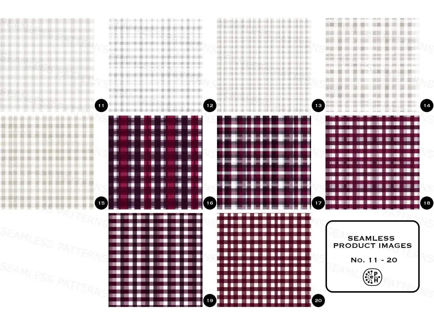 Classic gingham seamless pattern bundle with 20 designs in grey, black, gold, and burgundy add elegant charm to your sewing and digital projects. Download now!