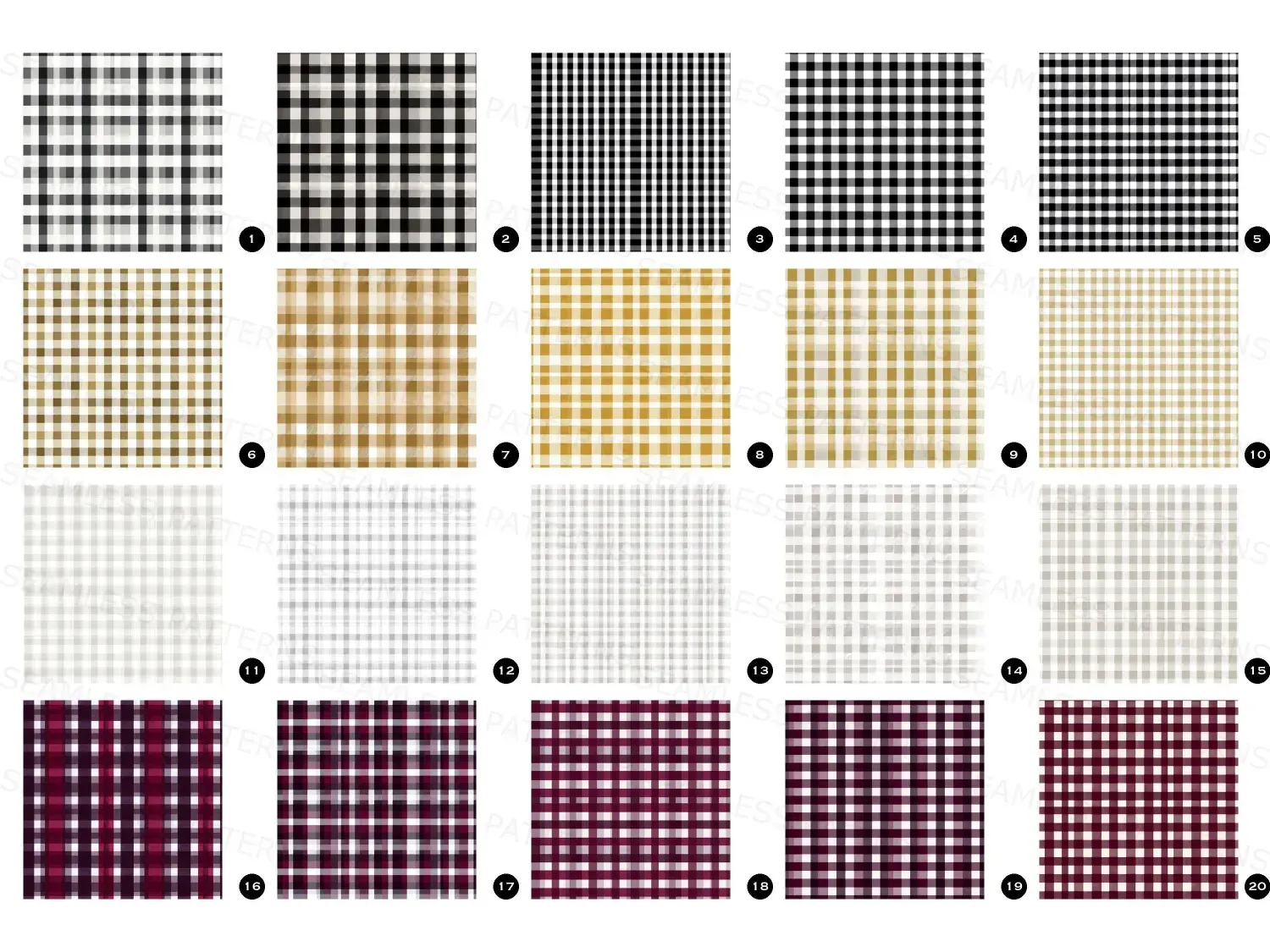 Classic gingham seamless pattern bundle with 20 designs in grey, black, gold, and burgundy add elegant charm to your sewing and digital projects. Download now!