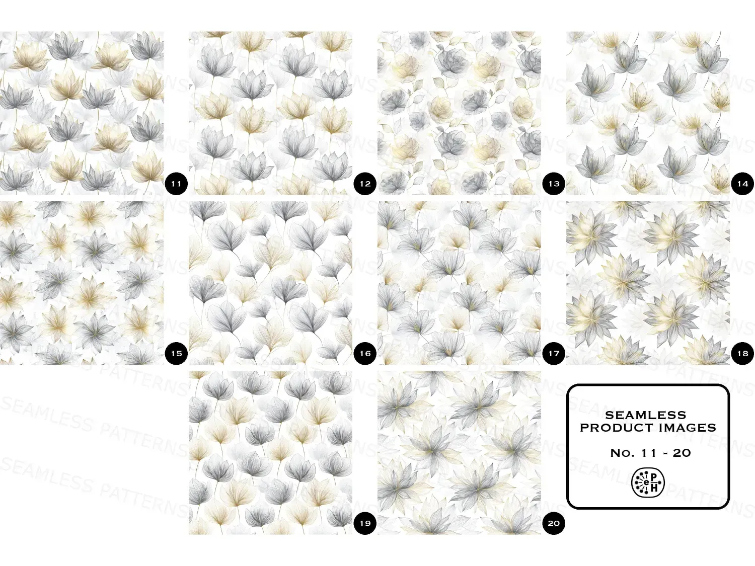 Explore this seamless floral pattern bundle with 20 designs featuring elegant Anemone, Aster, and Bluebell designs for stunning wallpapers and decor