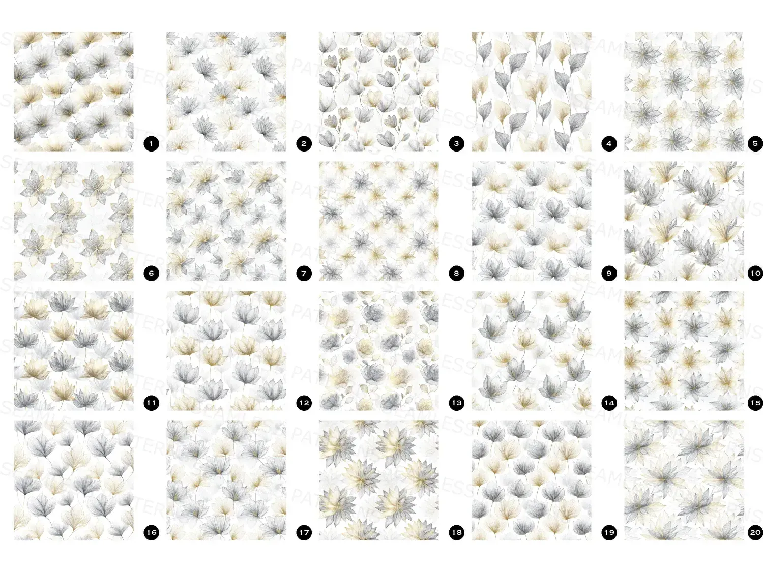 Explore this seamless floral pattern bundle with 20 designs featuring elegant Anemone, Aster, and Bluebell designs for stunning wallpapers and decor