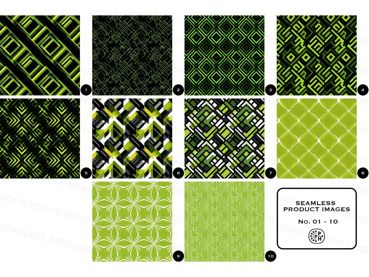 Find here our vibrant Retro Geometric Seamless Pattern Set with 20 designs! Bold neon lime designs elevate decor and unleash creativity!