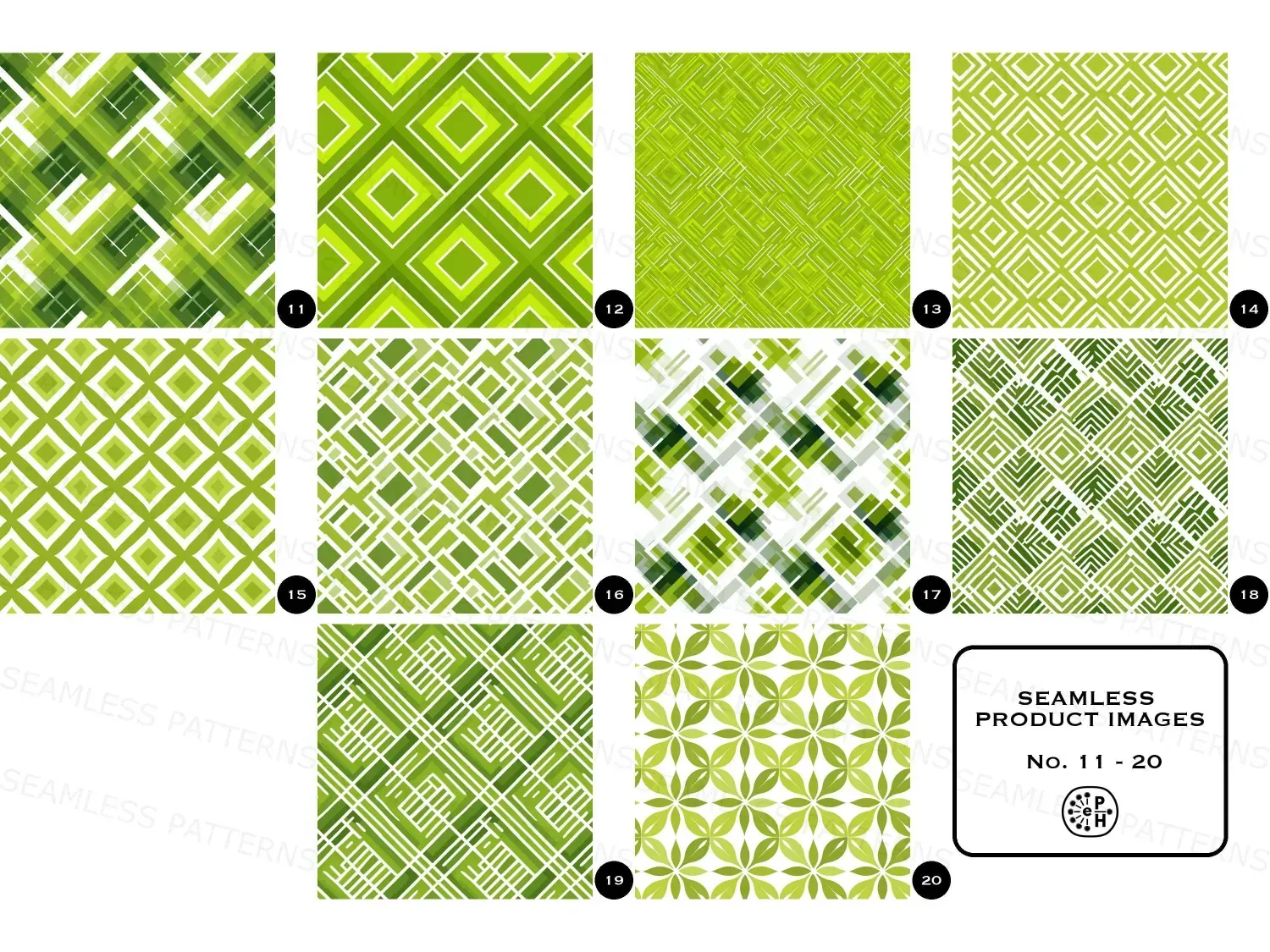 Find here our vibrant Retro Geometric Seamless Pattern Set with 20 designs! Bold neon lime designs elevate decor and unleash creativity!