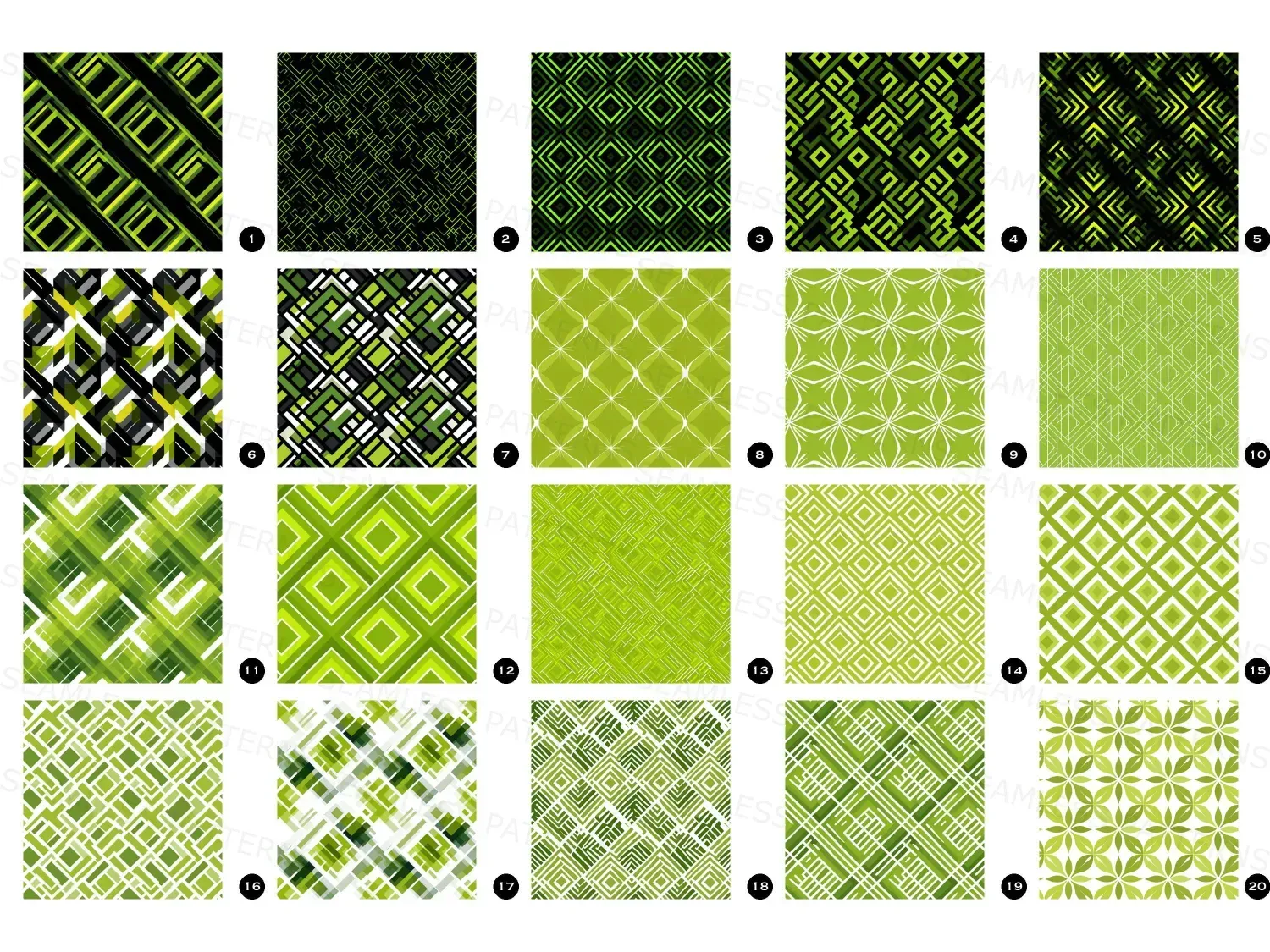 Find here our vibrant Retro Geometric Seamless Pattern Set with 20 designs! Bold neon lime designs elevate decor and unleash creativity!