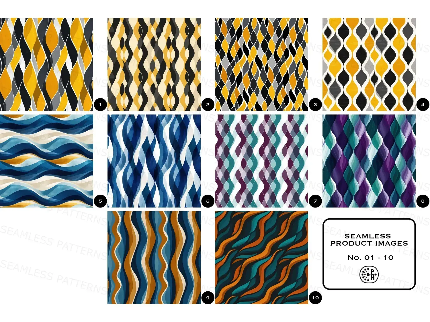 Transform your space with 20 stunning wavy art seamless pattern designs in vibrant Butter Yellow and Charcoal and more color tones! This bundle is perfect for retro decor and gifting.