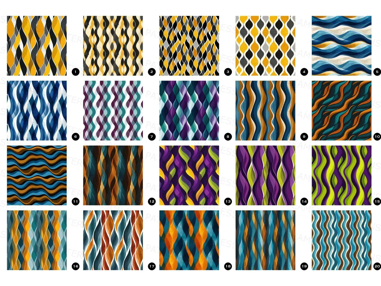 Transform your space with 20 stunning wavy art seamless pattern designs in vibrant Butter Yellow and Charcoal and more color tones! This bundle is perfect for retro decor and gifting.