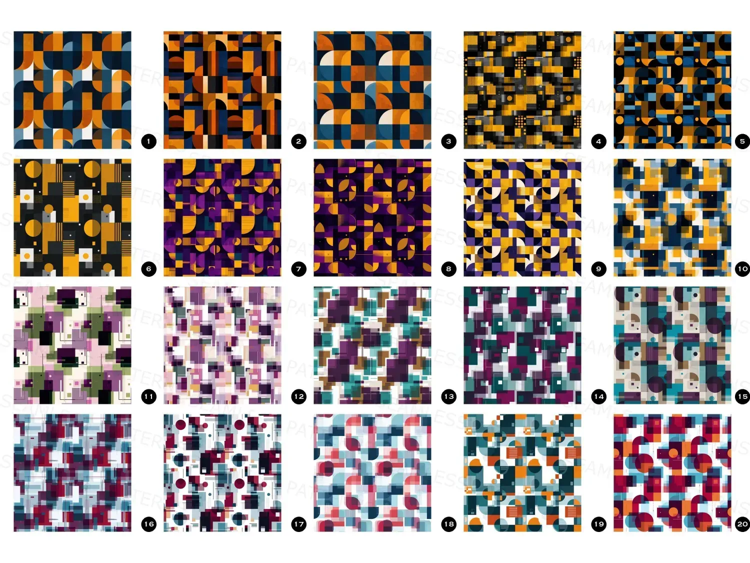 Transform your space with these 20 seamless retro geometric pattern designs. This bundle features vivid colors and expressive shapes await! Download now!