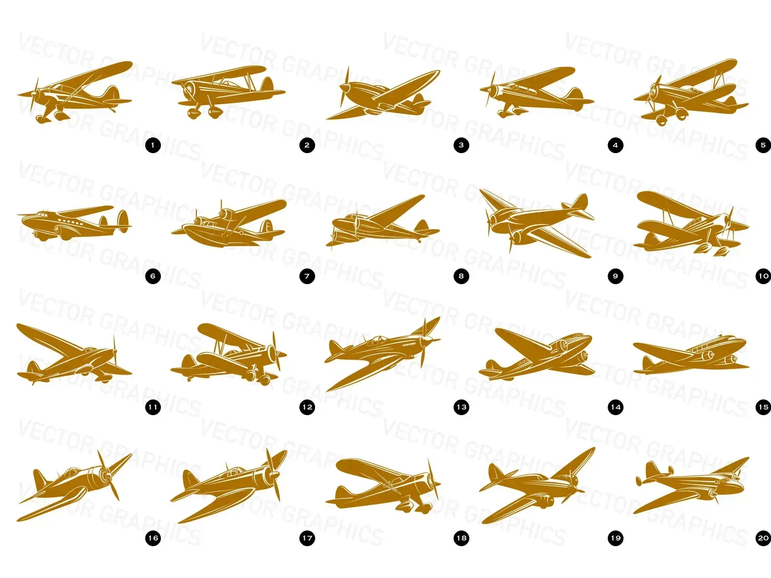 Find here our vintage aircraft vector designs bundle with 20 designs. Sleek, black vectors perfect for retro themes and unique branding!