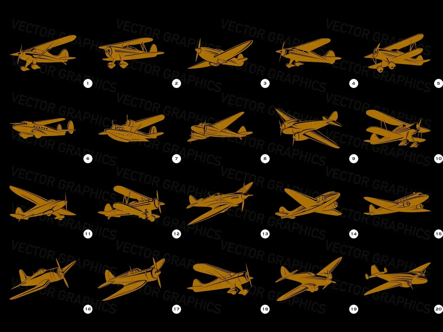 Find here our vintage aircraft vector designs bundle with 20 designs. Sleek, black vectors perfect for retro themes and unique branding!
