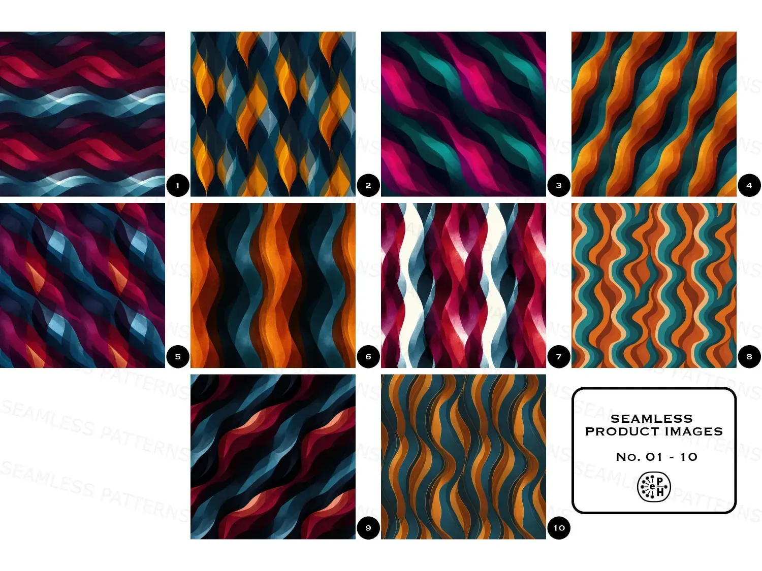 Seamless Pattern Bundle of 20 Wavy grounded naturalism repeatable designs. Transform your space with vibrant wavy patterns in Oxblood, Ice Blue, and more! Perfect for home decor and crafts!