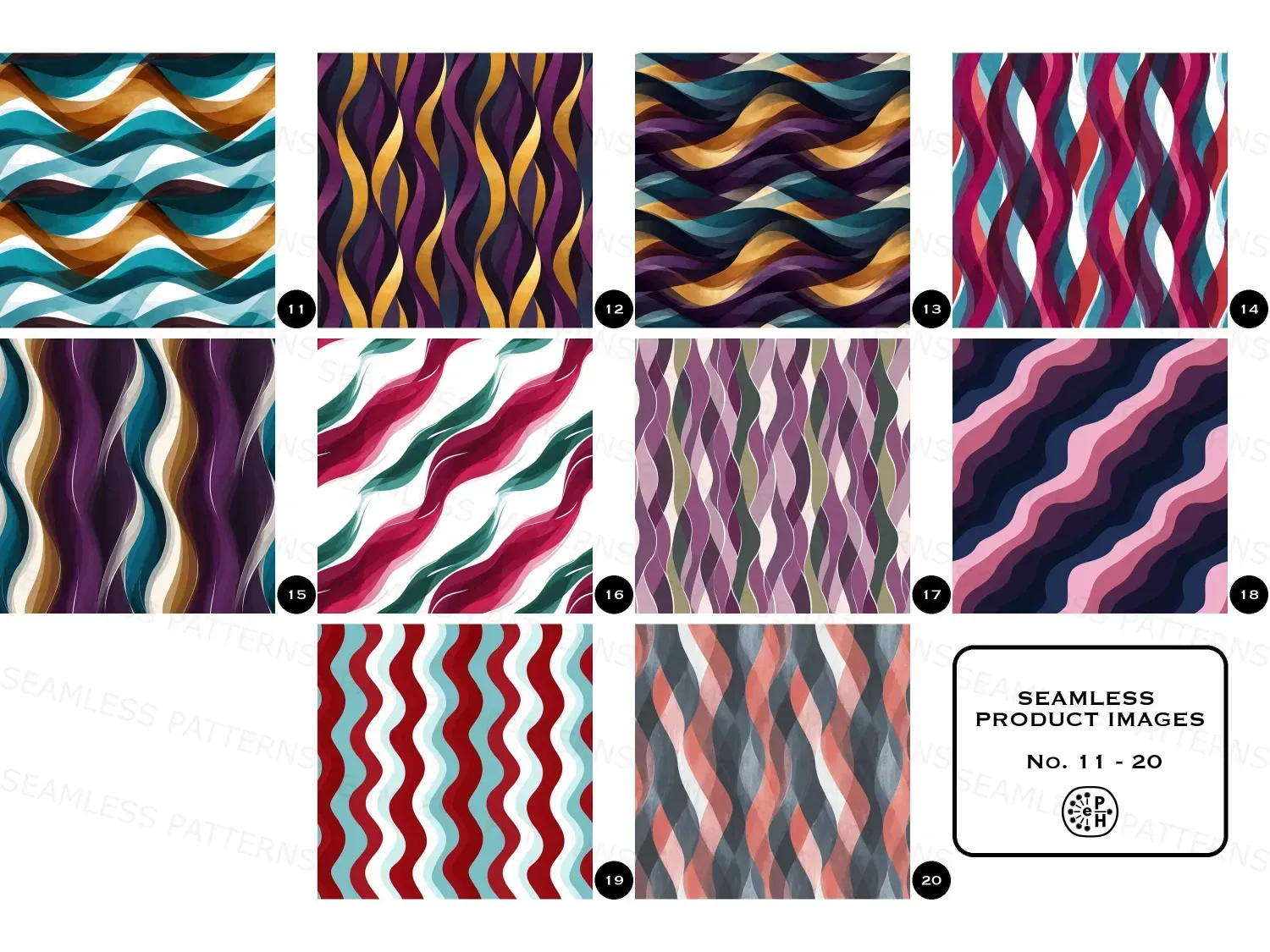 Seamless Pattern Bundle of 20 Wavy grounded naturalism repeatable designs. Transform your space with vibrant wavy patterns in Oxblood, Ice Blue, and more! Perfect for home decor and crafts!
