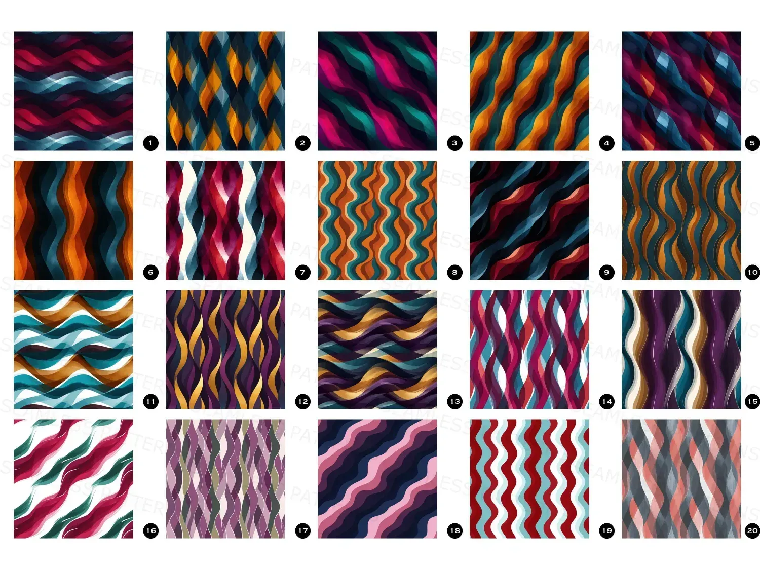 Seamless Pattern Bundle of 20 Wavy grounded naturalism repeatable designs. Transform your space with vibrant wavy patterns in Oxblood, Ice Blue, and more! Perfect for home decor and crafts!