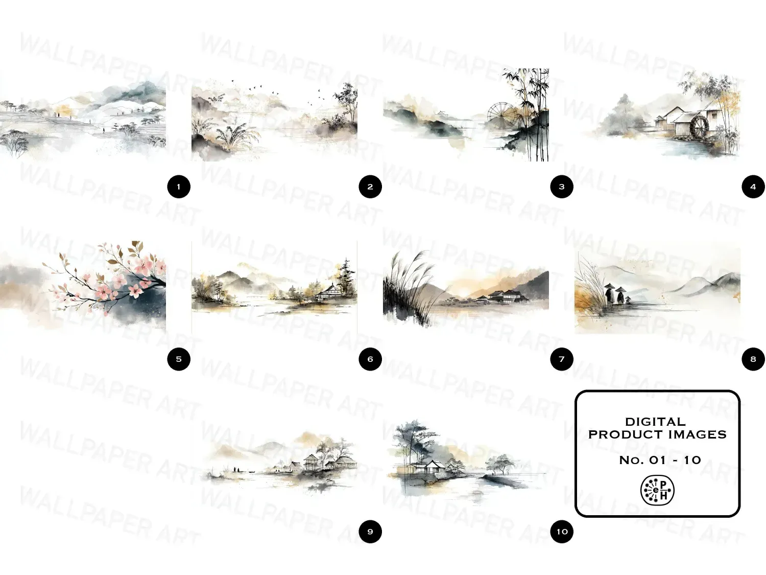 Explore serene Japanese countryside life with this minimalist wall art bundle featuring traditional themes, muted colors, and tranquil landscapes. Perfect for enhancing meditative spaces. These 20 designs bring calm into your home today!