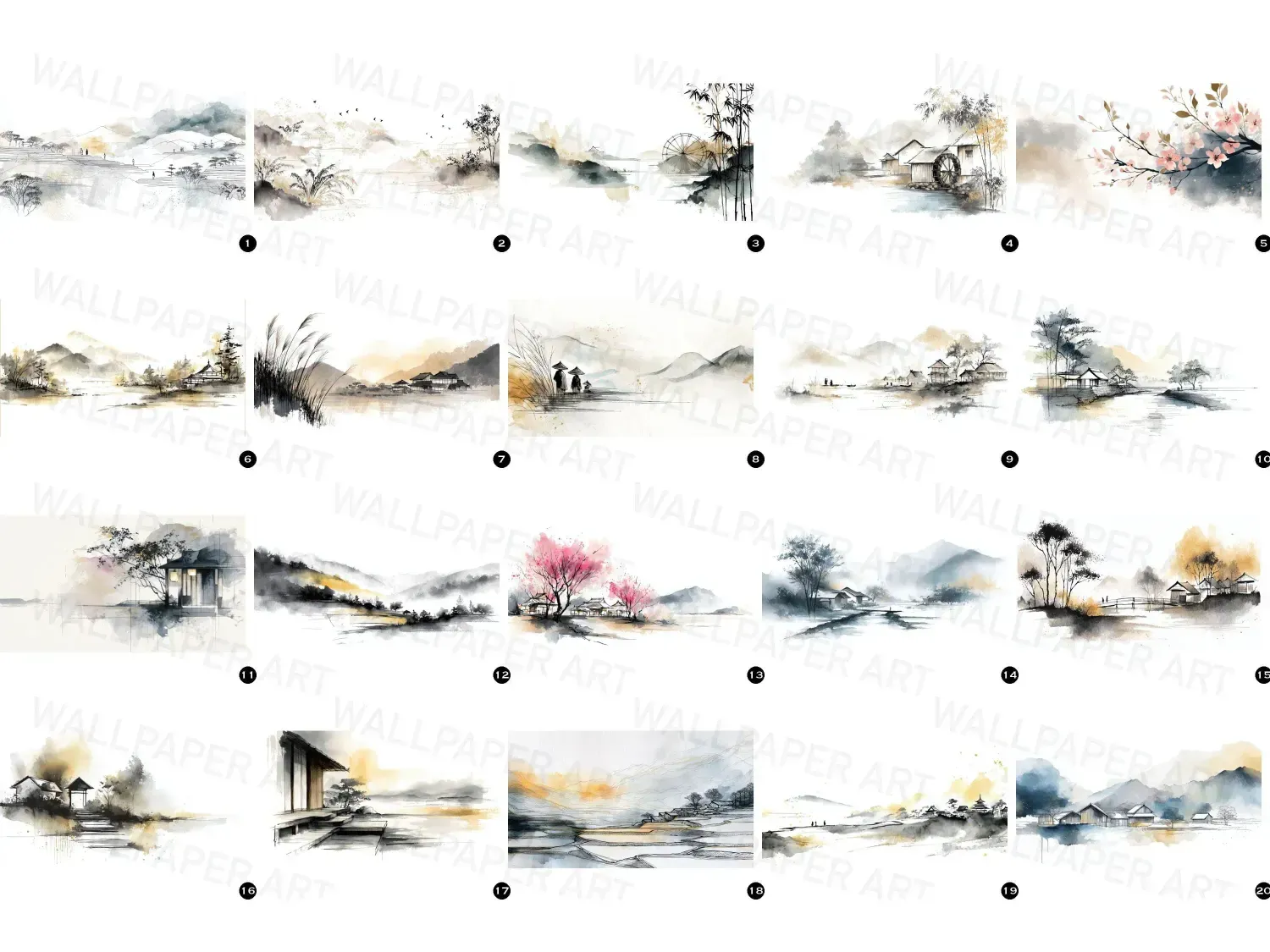 Explore serene Japanese countryside life with this minimalist wall art bundle featuring traditional themes, muted colors, and tranquil landscapes. Perfect for enhancing meditative spaces. These 20 designs bring calm into your home today!