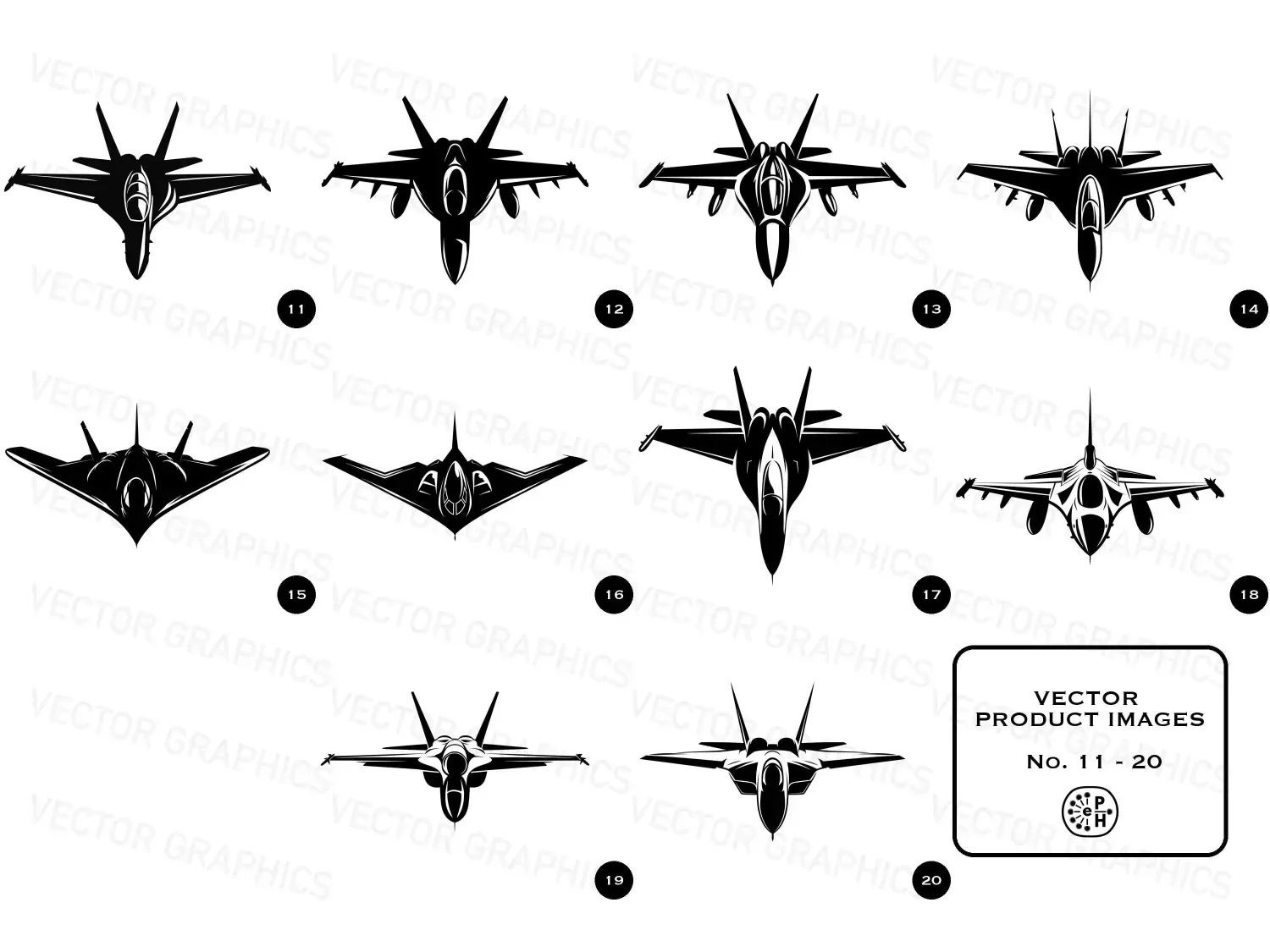 Discover 20 military aircraft vector designs in a comprehensive bundle, featuring bold plane silhouettes for decor and projects. Fighter, Bomber, and more. Elevate your art today!