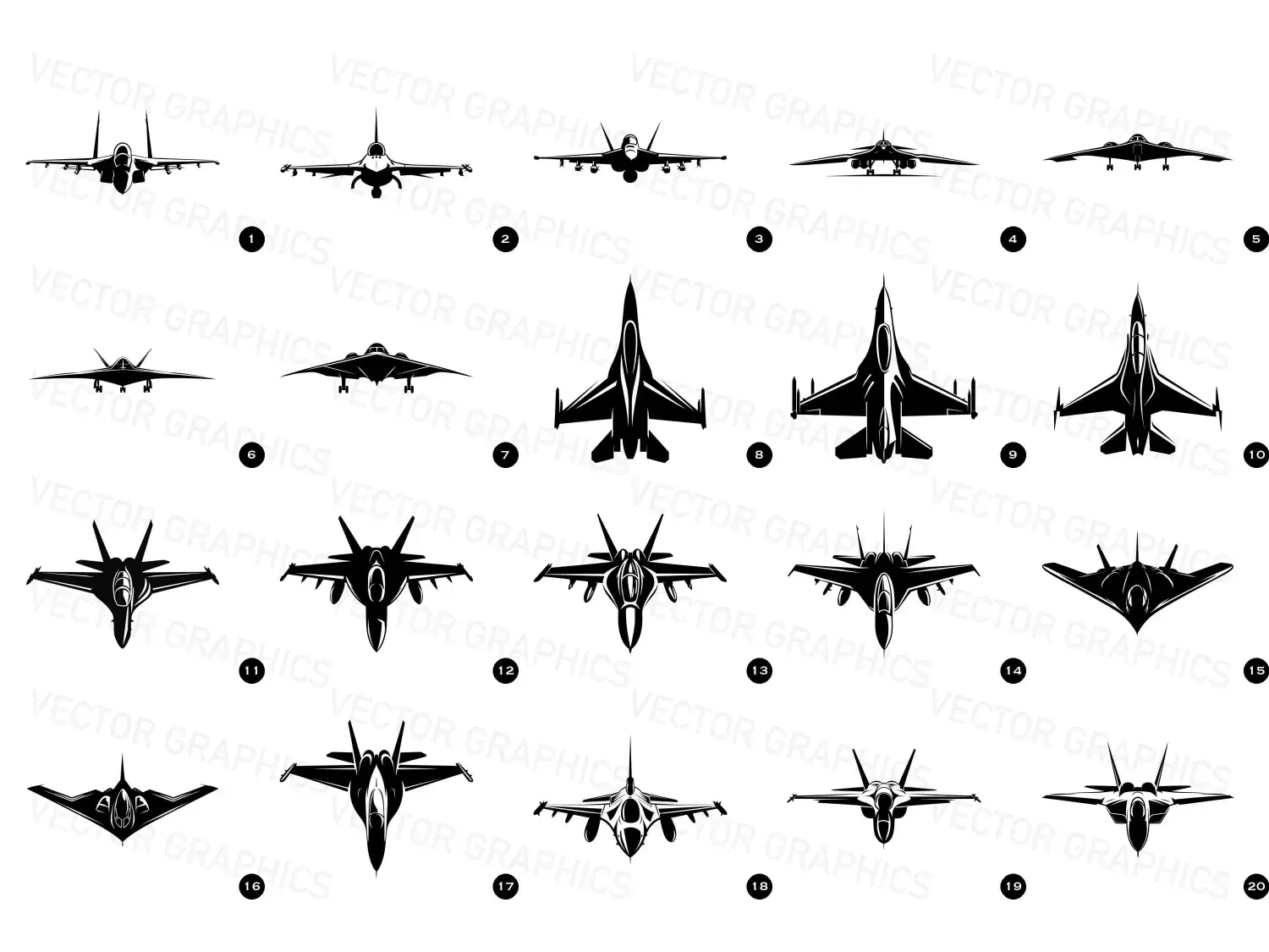 Discover 20 military aircraft vector designs in a comprehensive bundle, featuring bold plane silhouettes for decor and projects. Fighter, Bomber, and more. Elevate your art today!