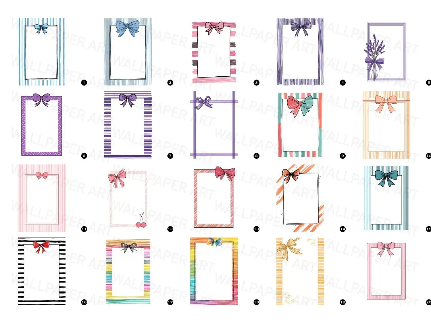 Explore 20 hand-drawn striped coastal summer bow frames, perfect for notes and invites! Calming pastel colors inspire creativity. Download now!