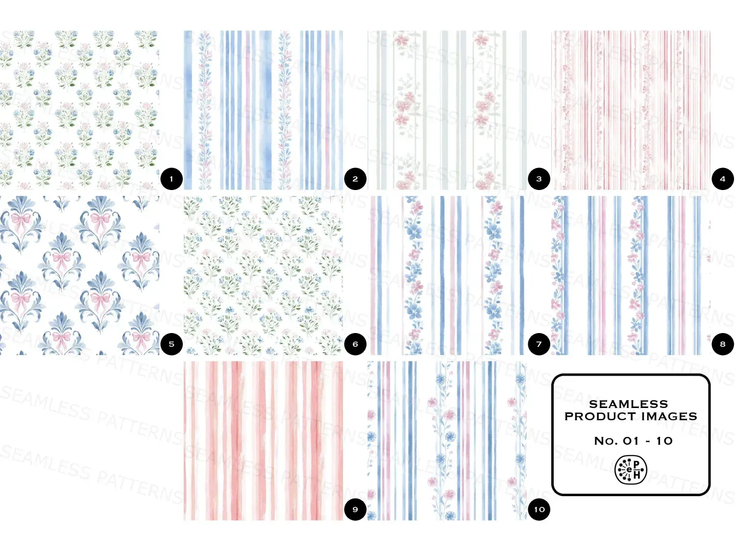 Delicate floral seamless pattern bundle, 20 designs, pastel seamless designs for nurseries, creating a charming pink and blue haven for baby, girls or boys. Capture joy today!