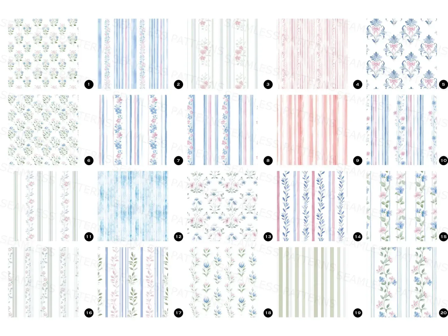 Delicate floral seamless pattern bundle, 20 designs, pastel seamless designs for nurseries, creating a charming pink and blue haven for baby, girls or boys. Capture joy today!