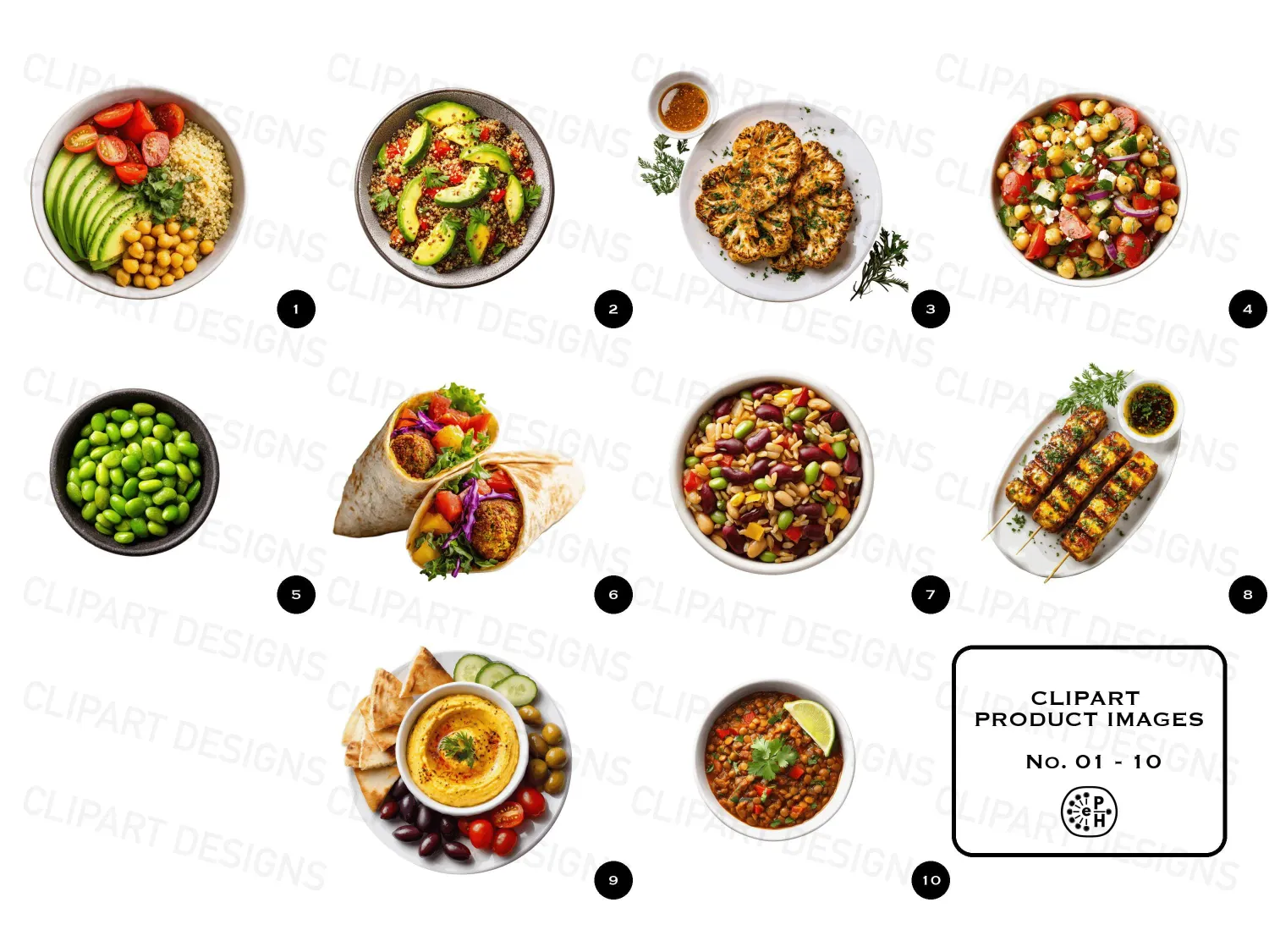 Vibrant healthy dining plant-based meals bowls cliparts bundle with images featuring quinoa, chickpeas, and tofu, perfect for food blogs and meal prep inspiration. Download now!