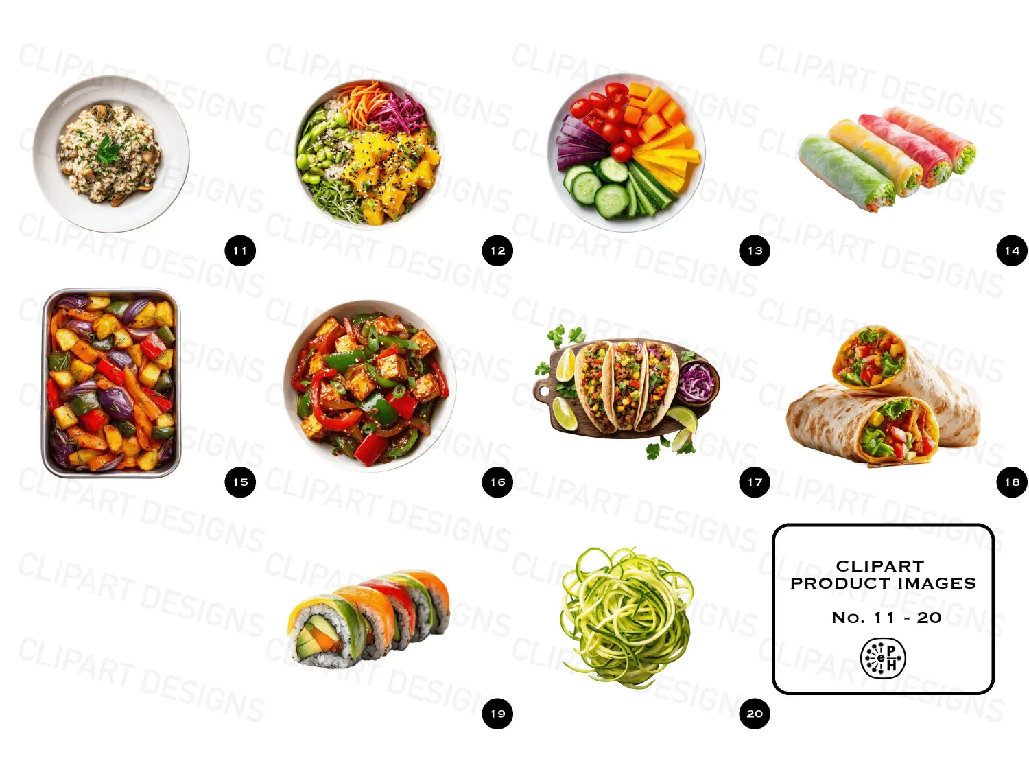 Vibrant healthy dining plant-based meals bowls cliparts bundle with images featuring quinoa, chickpeas, and tofu, perfect for food blogs and meal prep inspiration. Download now!