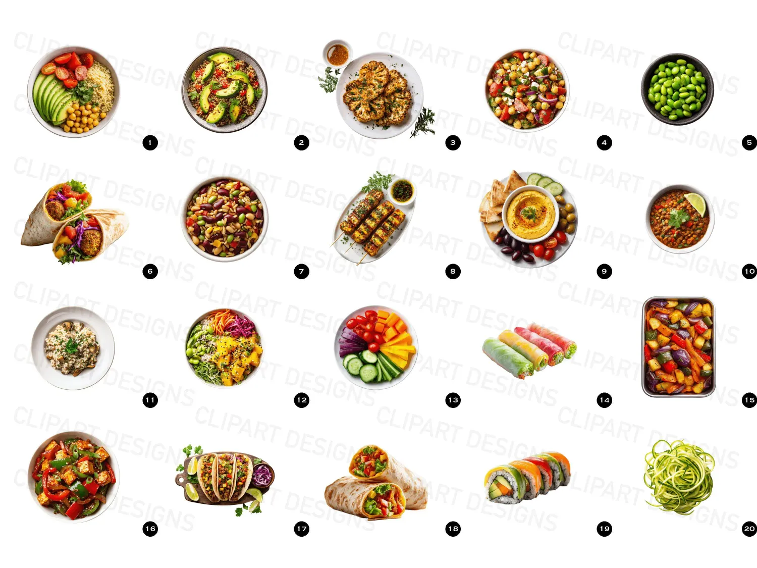 Vibrant healthy dining plant-based meals bowls cliparts bundle with images featuring quinoa, chickpeas, and tofu, perfect for food blogs and meal prep inspiration. Download now!