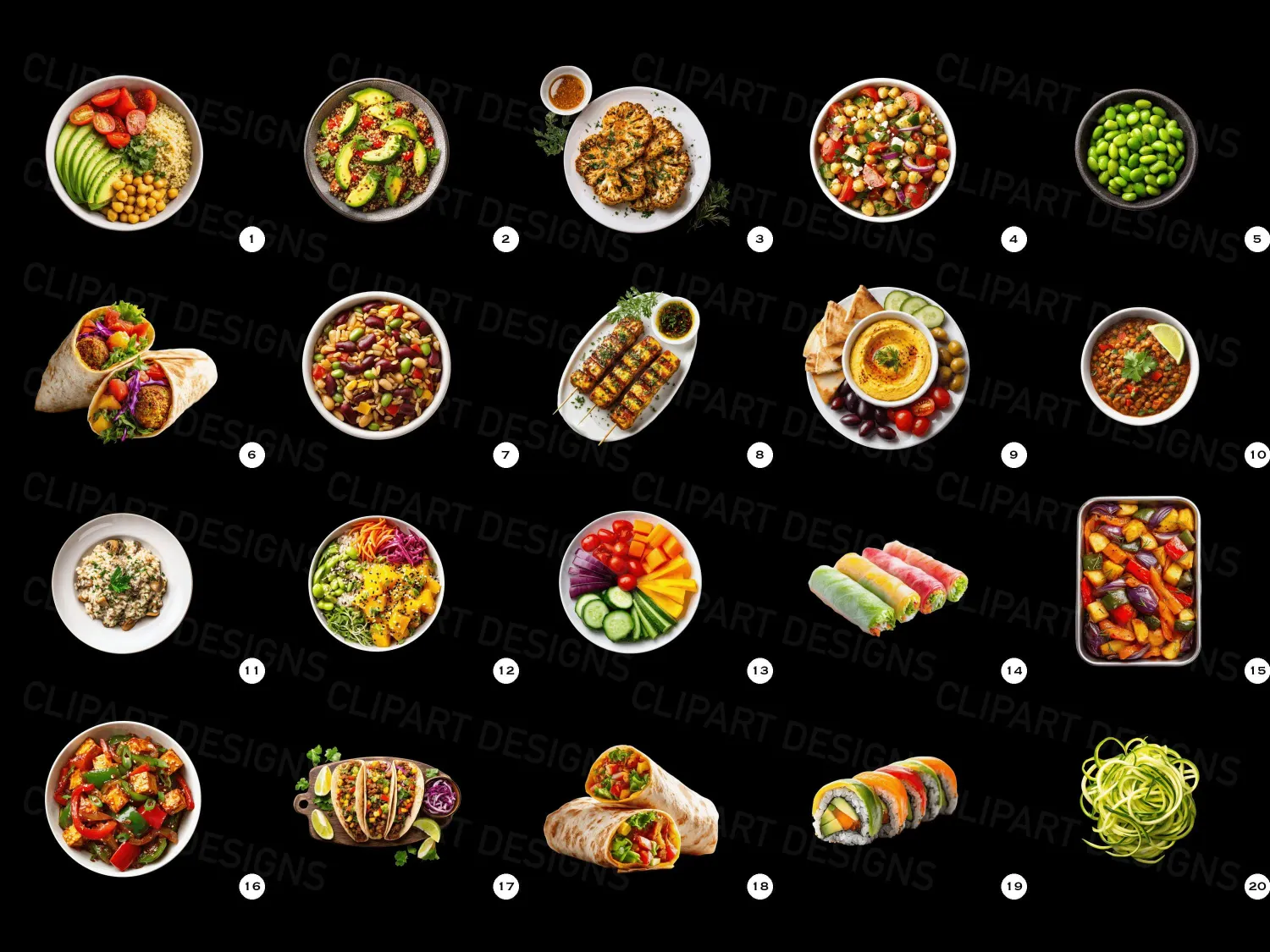 Vibrant healthy dining plant-based meals bowls cliparts bundle with images featuring quinoa, chickpeas, and tofu, perfect for food blogs and meal prep inspiration. Download now!