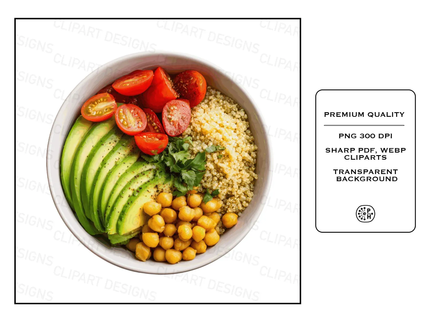 Vibrant healthy dining plant-based meals bowls cliparts bundle with images featuring quinoa, chickpeas, and tofu, perfect for food blogs and meal prep inspiration. Download now!
