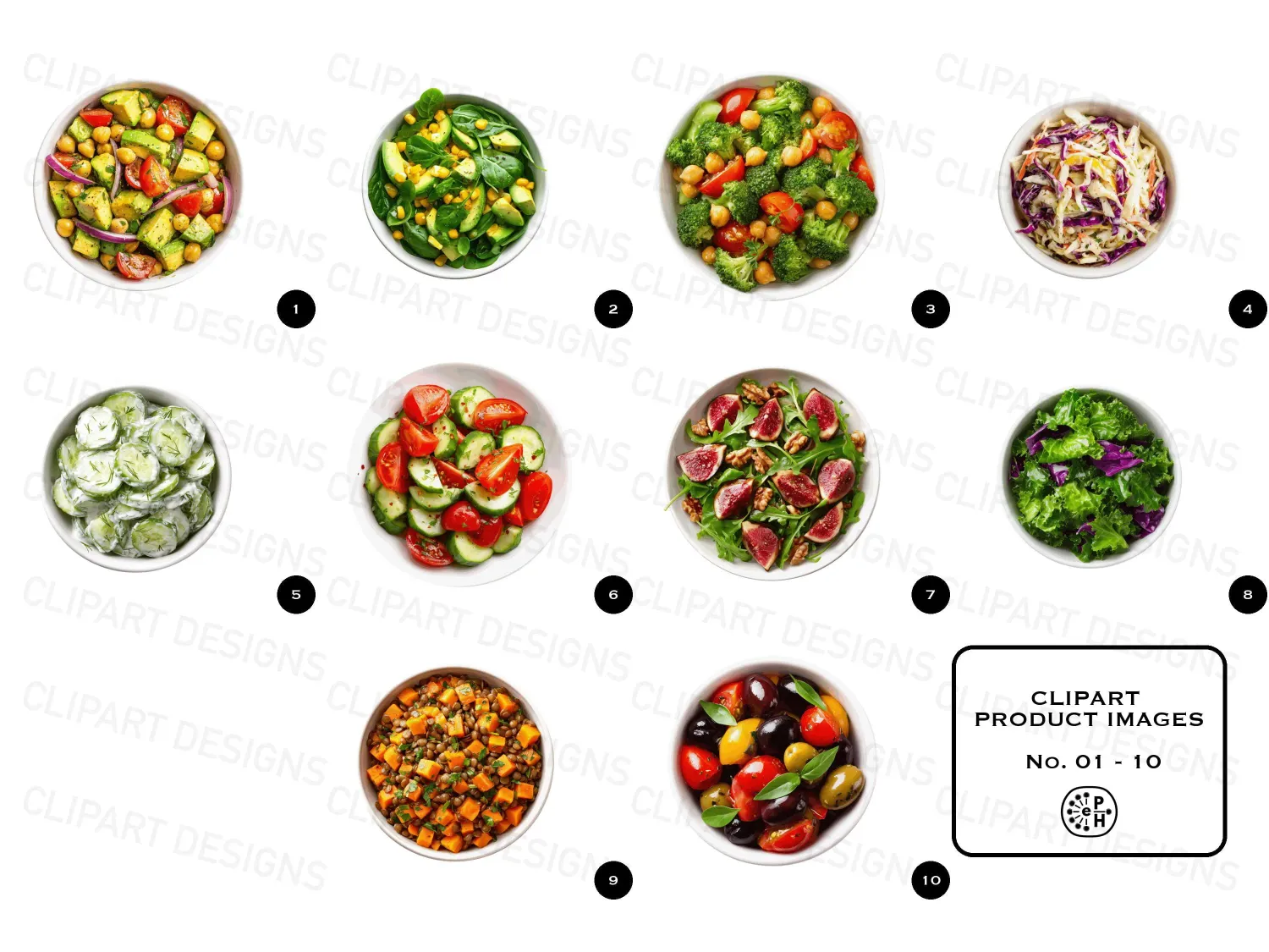 Vibrant fresh salads & freens cliparts bundle, PNG of fresh salads: avocado, chickpea, corn, broccoli and more. Perfect for blogs and menus. Inspire your audience!