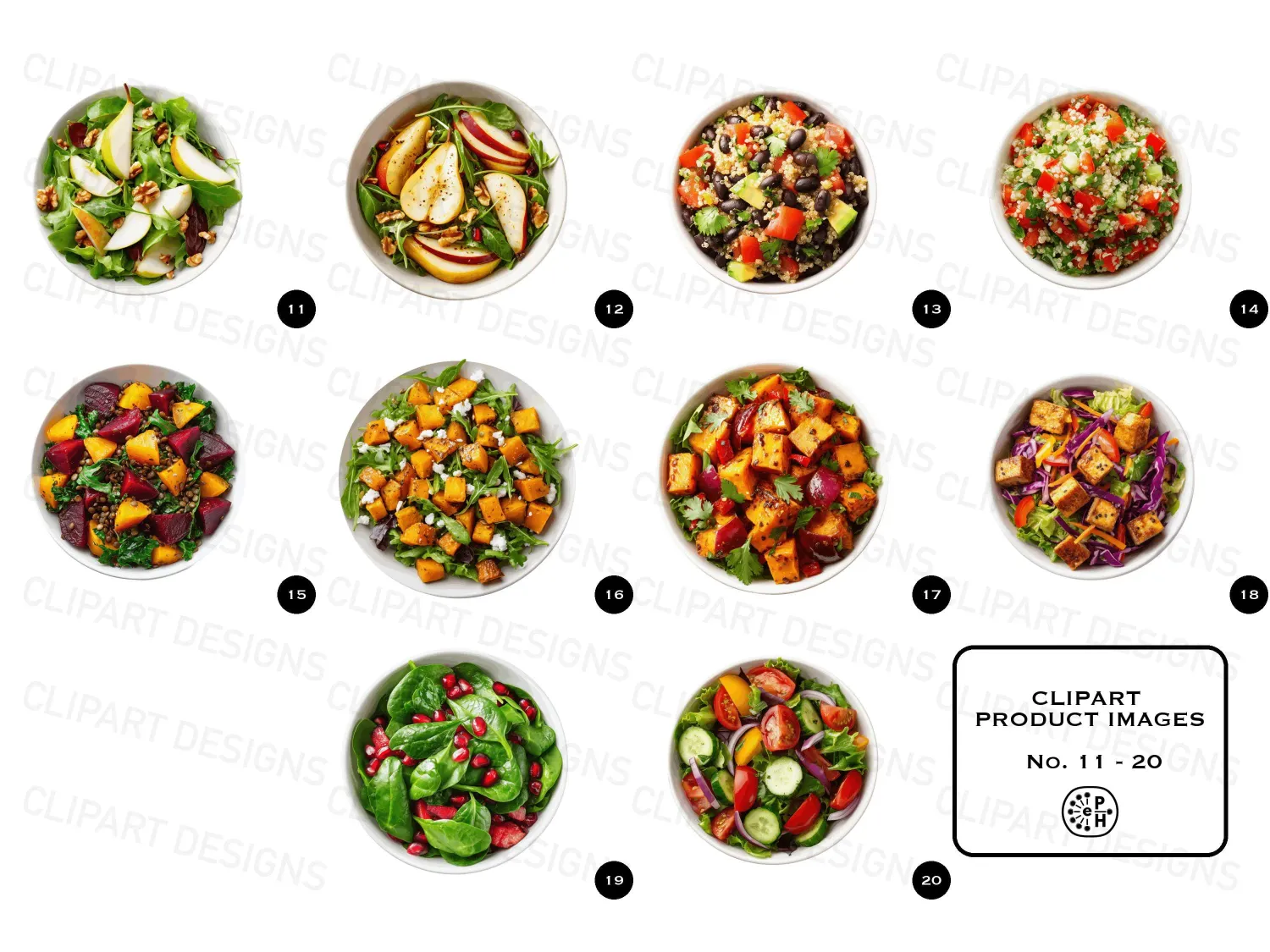 Vibrant fresh salads & freens cliparts bundle, PNG of fresh salads: avocado, chickpea, corn, broccoli and more. Perfect for blogs and menus. Inspire your audience!