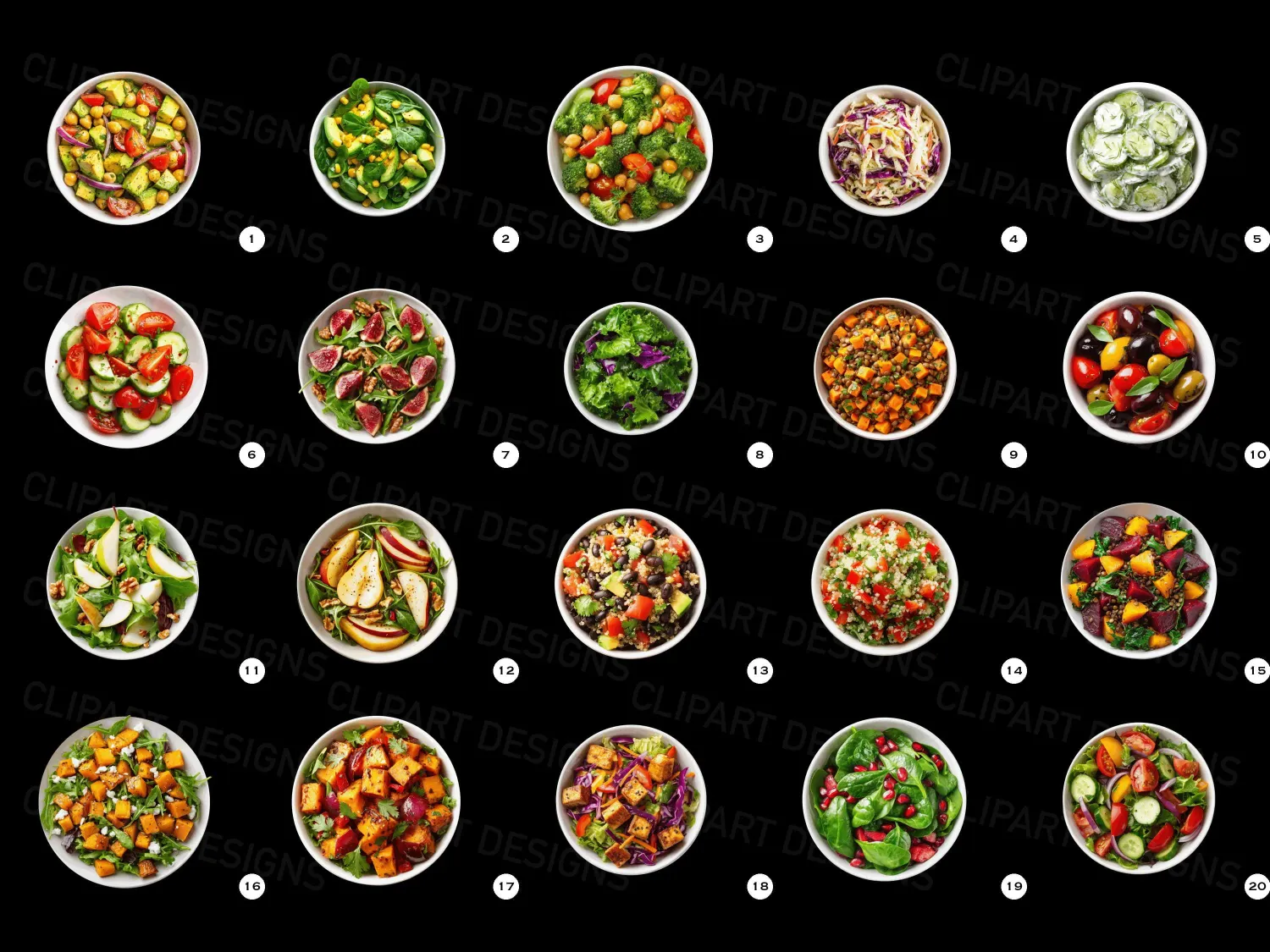 Vibrant fresh salads & freens cliparts bundle, PNG of fresh salads: avocado, chickpea, corn, broccoli and more. Perfect for blogs and menus. Inspire your audience!