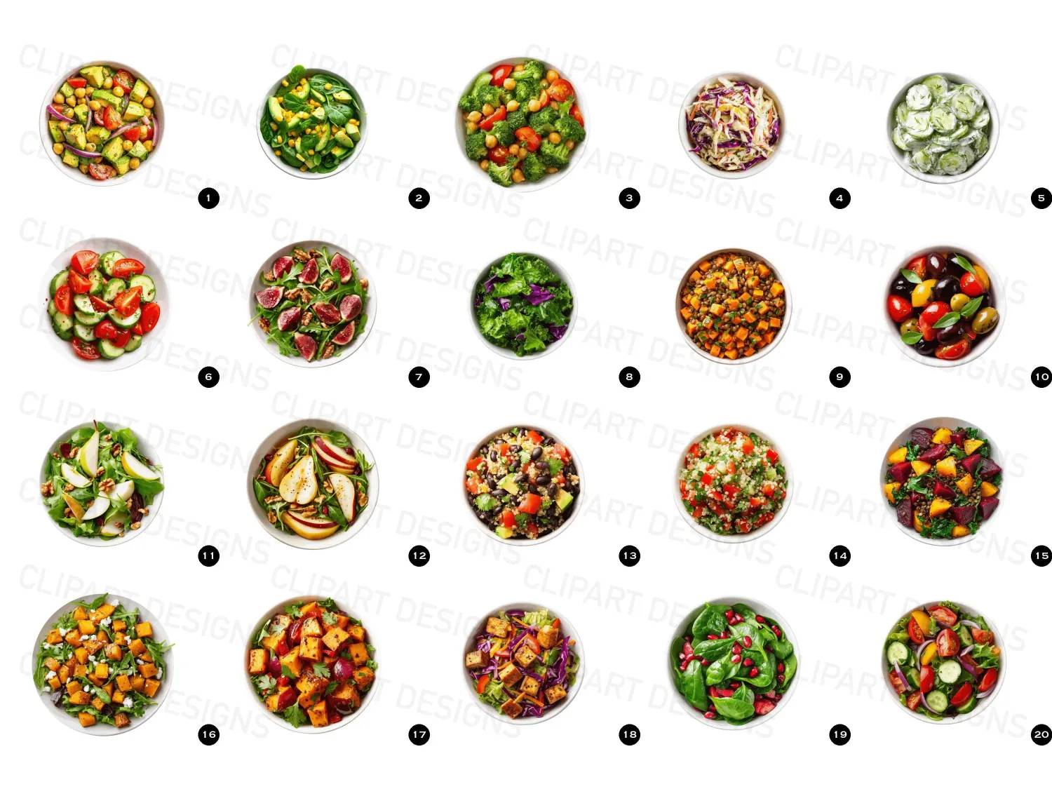 Vibrant fresh salads & freens cliparts bundle, PNG of fresh salads: avocado, chickpea, corn, broccoli and more. Perfect for blogs and menus. Inspire your audience!