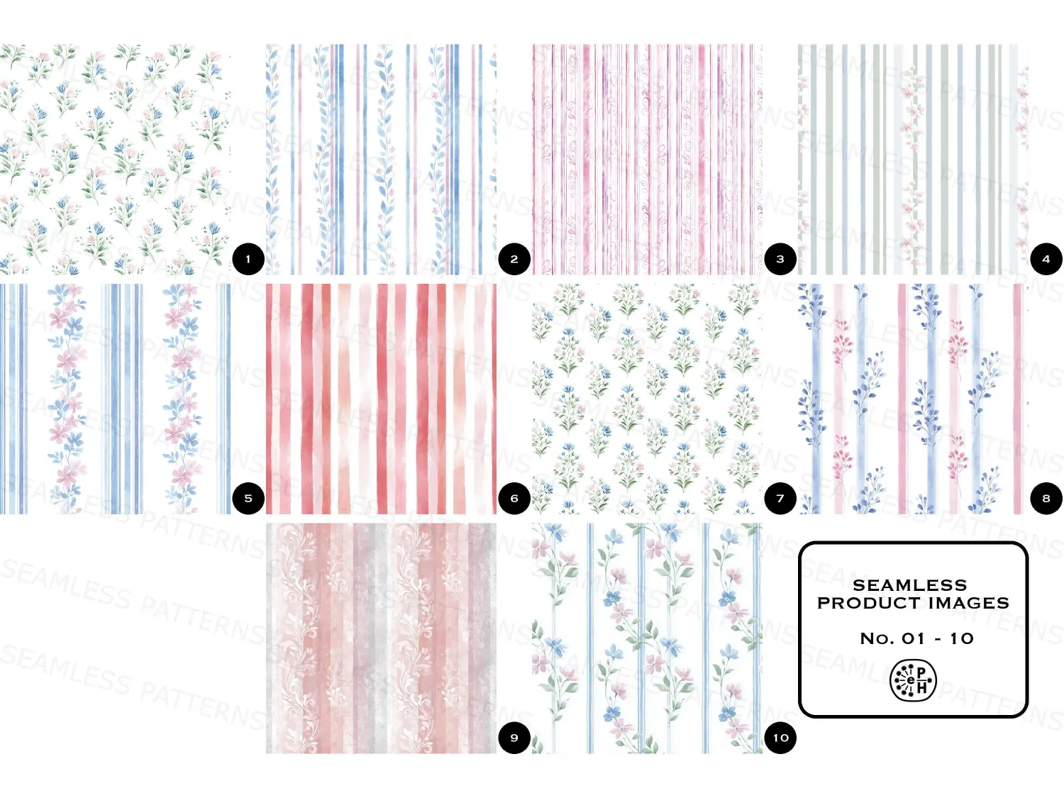 Floral Stripes Seamless Patterns, Stripe, Pastel Colors, Watercolor Designs, Brighten your space with dreamy florals and chic stripes! Perfect for nursery decor, invitations, or elegant wallpaper. Transform your designs and express your style today!