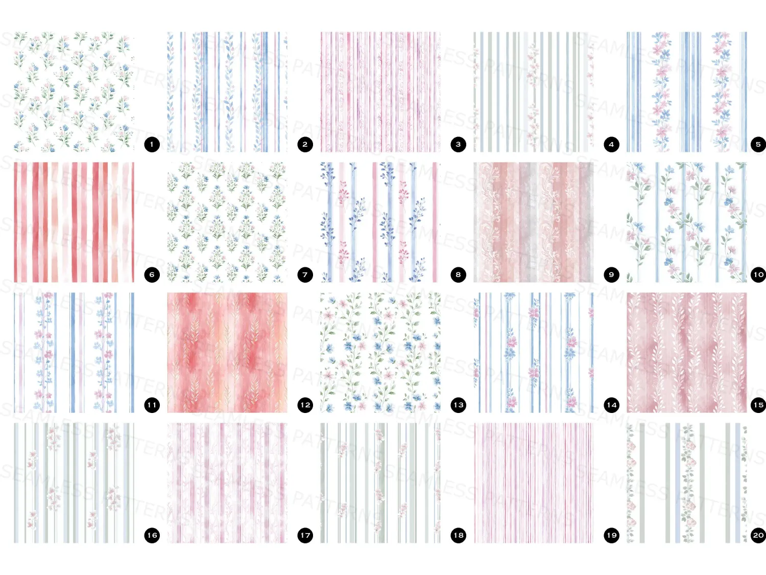 Floral Stripes Seamless Patterns, Stripe, Pastel Colors, Watercolor Designs, Brighten your space with dreamy florals and chic stripes! Perfect for nursery decor, invitations, or elegant wallpaper. Transform your designs and express your style today!