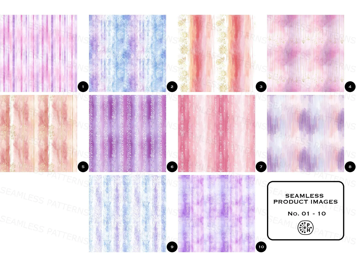 Pastel watercolor stripes, flower ornaments seamless pattern bundle, elegant filigree designs, perfect for romantic invitations or home decor. Elevate your style today!