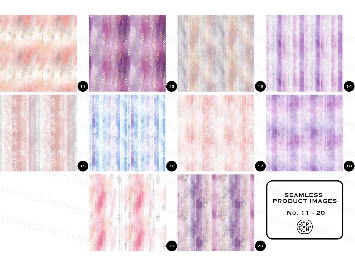 Pastel watercolor stripes, flower ornaments seamless pattern bundle, elegant filigree designs, perfect for romantic invitations or home decor. Elevate your style today!