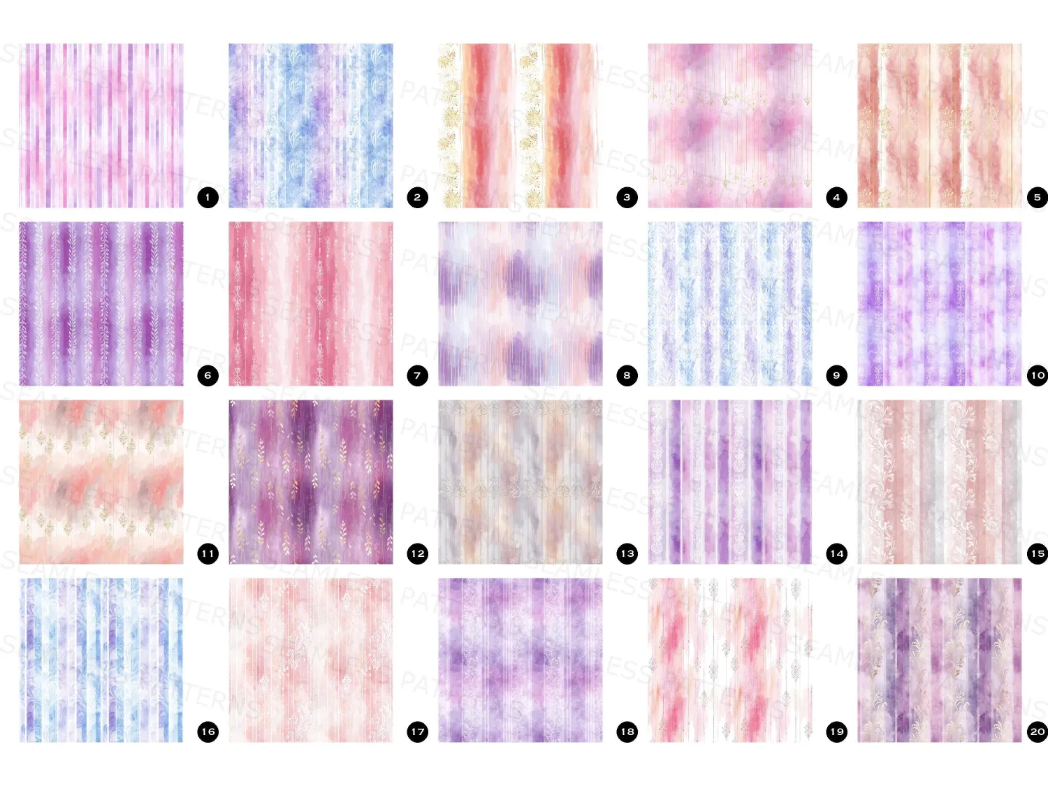 Pastel watercolor stripes, flower ornaments seamless pattern bundle, elegant filigree designs, perfect for romantic invitations or home decor. Elevate your style today!