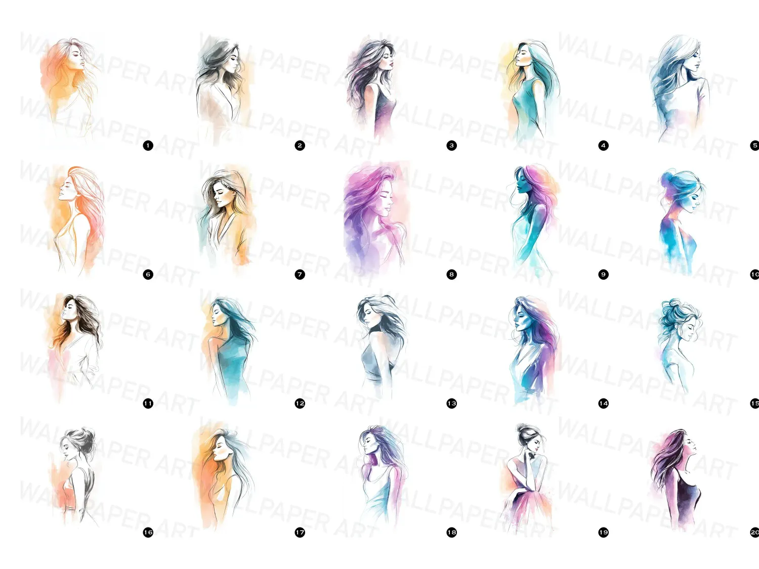 Discover our stunning woman profile posing silhouette art work bundle incl. elegant poses, dreamy pastel colors, perfect for art lovers. Bring creativity to life!