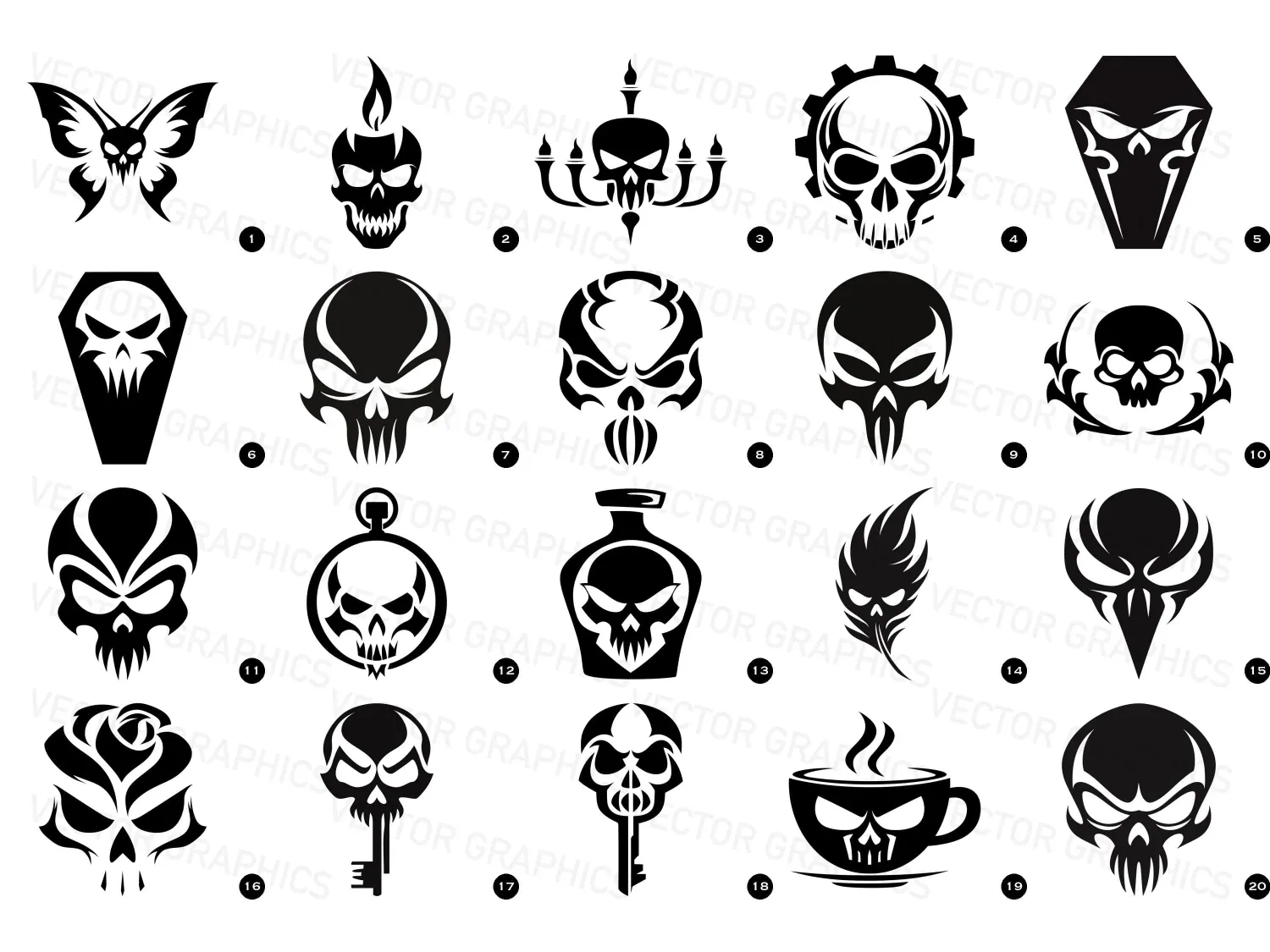 Vector Clipart Skulls Gothic Bundle, Wall Art, bold black skull illustrations, minimalism meets gothic elegance, perfect for tattoos and logos, grab your download now!