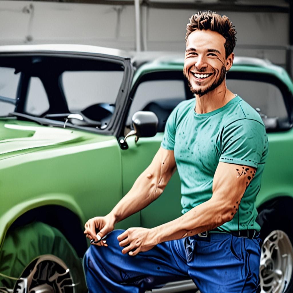 male car body painter workshop smiling