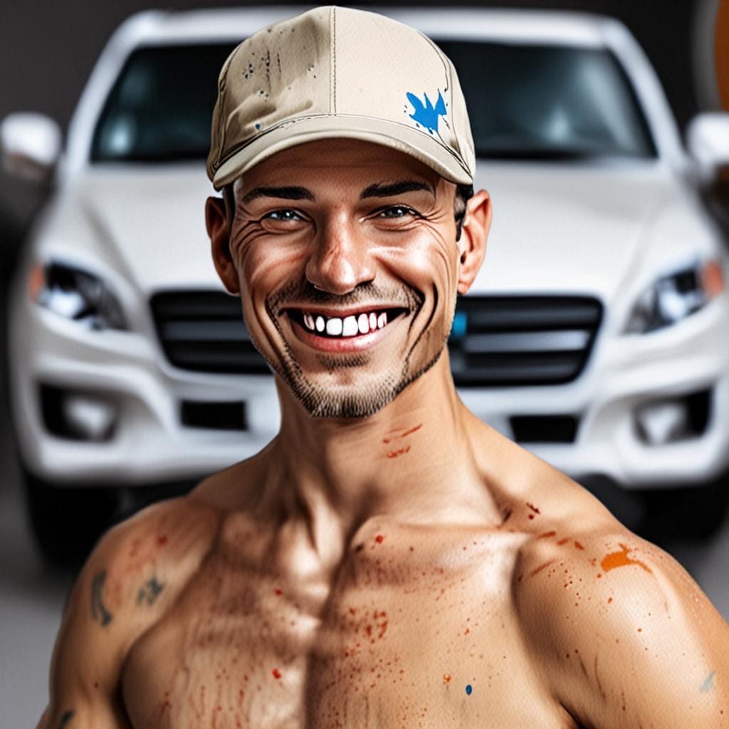 male car body painter smiling workshop portrait