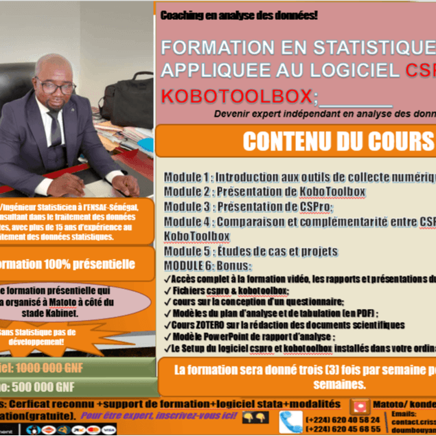 FORMATION CERTIFIANTE AUX LOGICIELS CSPRO ET KOBOTOOLBOX (présentielle à Matoto)