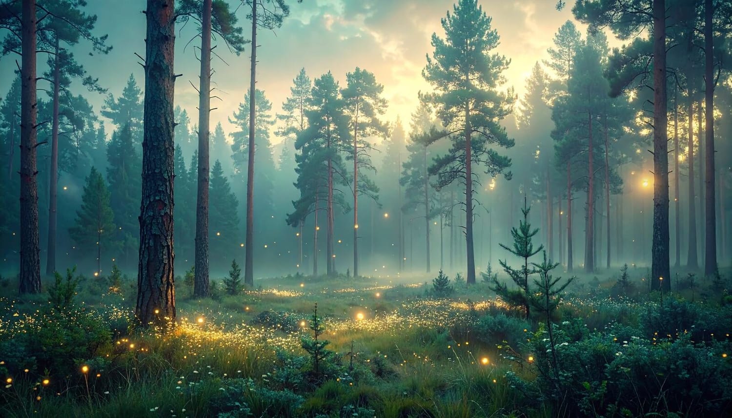 Misty Nadelwald in der Dämmerung, ein hellerer Lichtpunkt zwischen den Bäumen