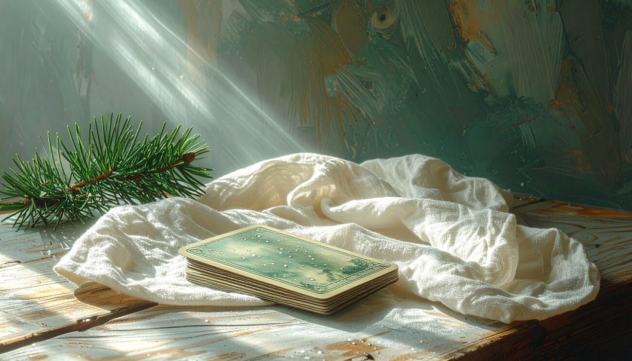 Eine Lenormand-Karte auf Leinen im weichen Morgenlicht
