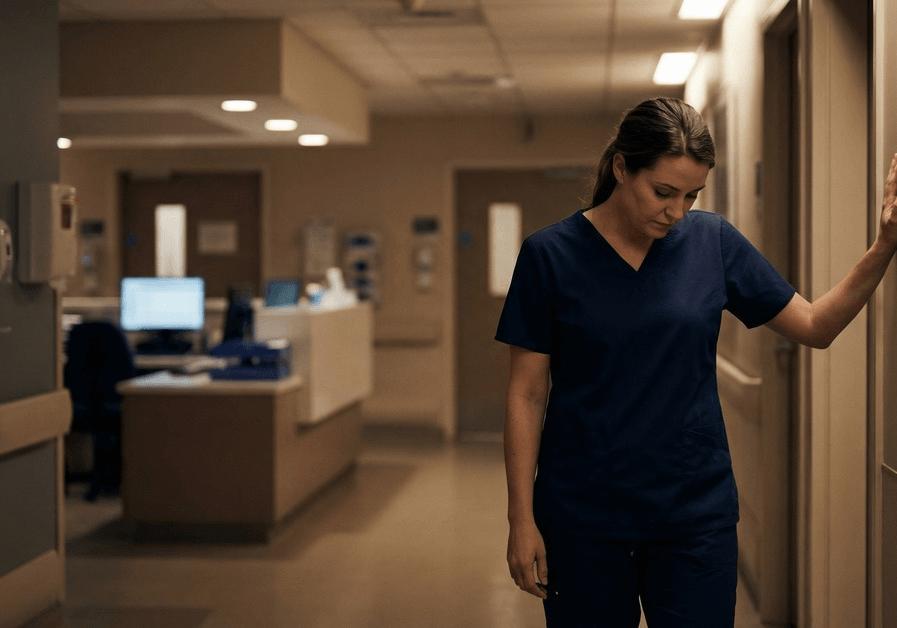 Nurse standing in a hospital corridor doorway, deep in thought