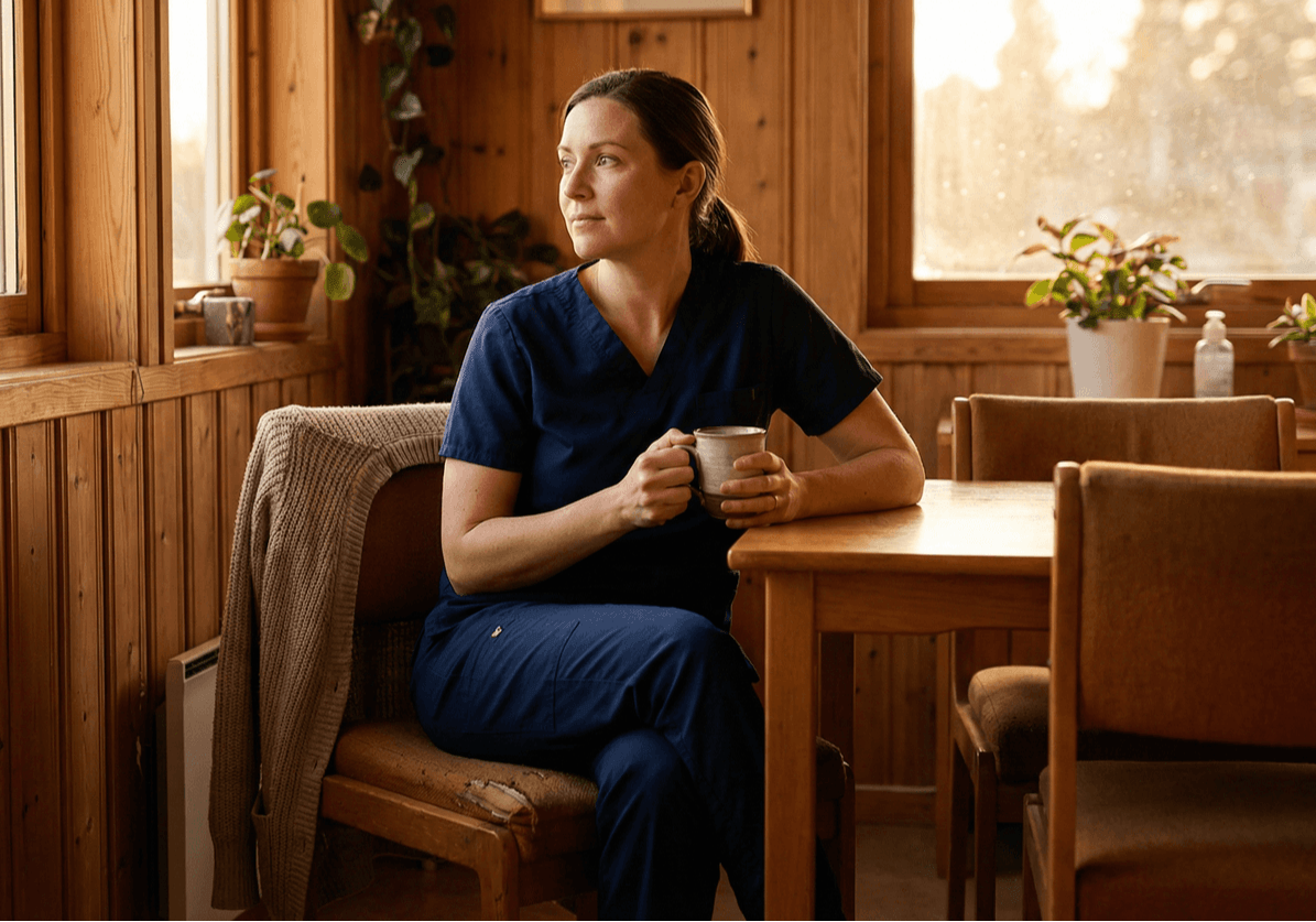 Nurse sitting quietly at home, contemplating burnout versus misalignment