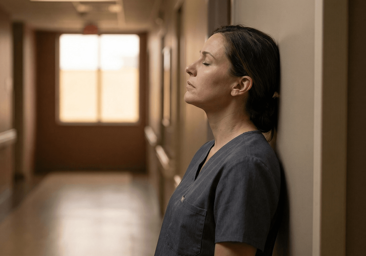 Nurse looking out a hallway window, reflecting on burnout and compassion fatigue