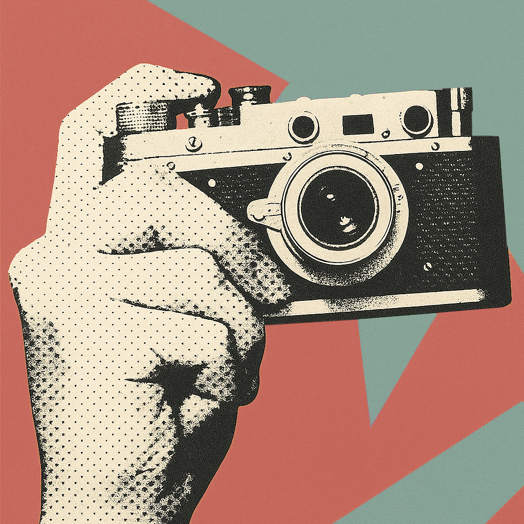 Eine Hand hält eine vintage Kamera. vor einem Pop-Art Hintergrund. Die Hand wirkt wie auf zeitungspapier gedruckt. Das Bild steht für einen Fotoworkshop.